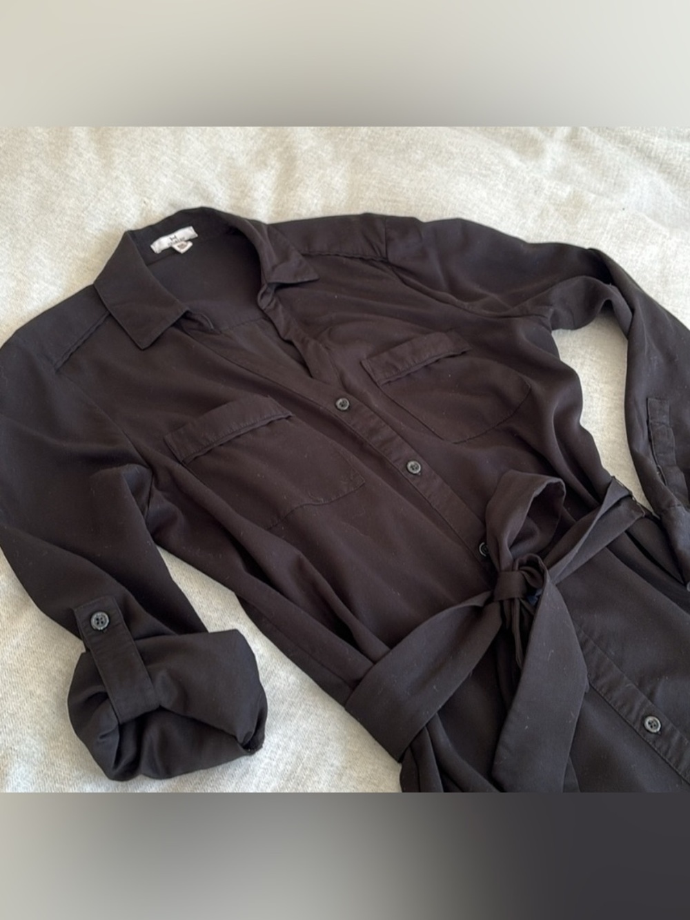 Halston Heritage Black Long-Sleeve Button-Front Shirt Dress with Waist Tie - Picture 3 of 9